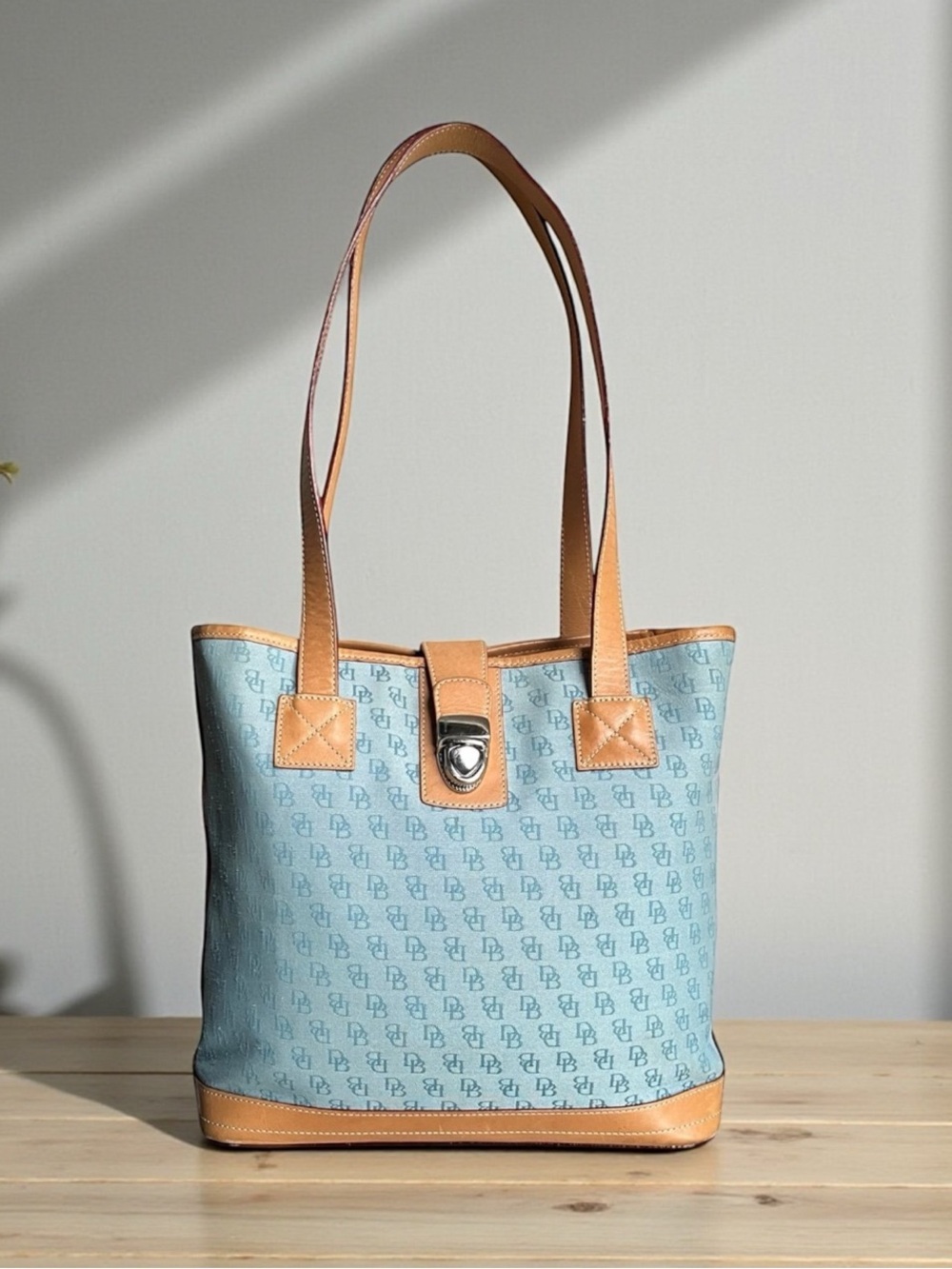 Dooney & Bourke Vintage Light Blue Canvas Monogram Tote with Tan Leather Trim